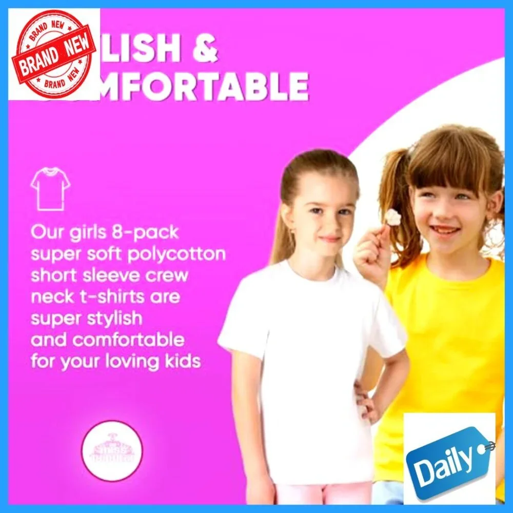 8-Pack Girls' Polycotton Short Sleeve Crew Neck T-Shirts, Soft Regular Fit